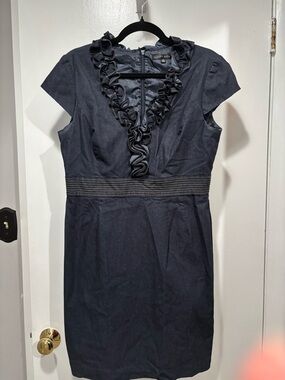 Sandra Darren Navy Ruffled V-Neck Midi Dress